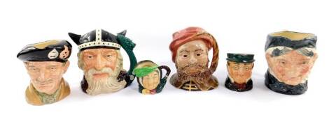 Three Royal Doulton large character jugs, comprising Granny D5521, Monty D6202, and Viking D6496, together with a Beswick large character jug, modelled as Falstaff 2095, and two smaller Royal Doulton character jugs modelled as Mr Pickwick and Sairey Gamp.