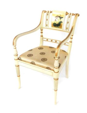 A Chinese Regency style carver chair, cream and gold painted, the back panel decorated with flowers, with drop-in seat, raised on sabre legs.