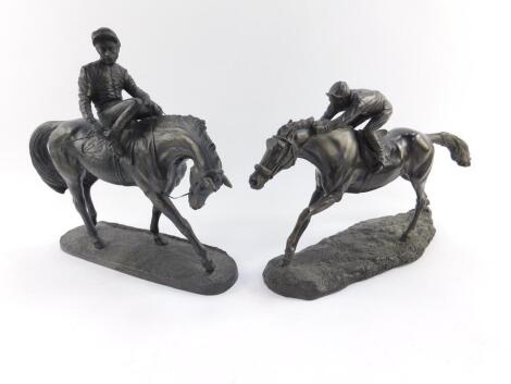 A bronzed plaster sculpture of a horse and jockey, raised on an oval base, 30.5cm W, and a Genesis bronze plaster sculpture of a horse and jockey at full gallop, 34cm W. (2)