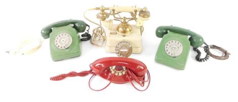 Two GPO green bi-coloured telephones, a Genie red telephone and a Japanese vintage style cream coloured telephone, model JN-4 (4).