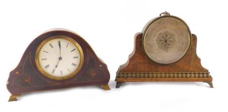 A 19thC mantel shelf barometer, circular silvered dial, in a brass casing, within an oak outer frame, raised on brass bracket feet, 18cm H, 24cm W, together with a Buren mahogany walnut and inlaid mantel clock, circular white dial bearing Roman numerals, 