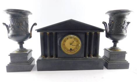 A Victorian slate mantel clock, the circular brass dial with enamel chapter ring bearing Arabic numerals, thirty hour movement, the case of architecture classical form, with six fluted columns, raised on a plinth base, 30cm H, 40cm W, 12cm D., together wi