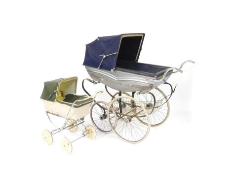 A Wilson Silver Cross pram, coach built frame, with blue and grey body and blue folding hood, 131cm W, together with a Charm doll's pram, 77cm W. (2)