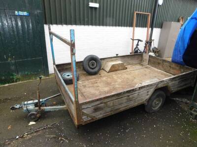 A car trailer, metal framed and wood panelled, with two additional wheels, 177cm W, 280cm L.