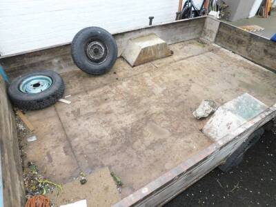 A car trailer, metal framed and wood panelled, with two additional wheels, 177cm W, 280cm L. - 2