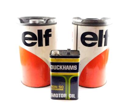 Two ELF 25 litre oil drums, together with a Duckhams Motor Oil can. (3)