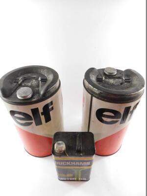 Two ELF 25 litre oil drums, together with a Duckhams Motor Oil can. (3) - 2