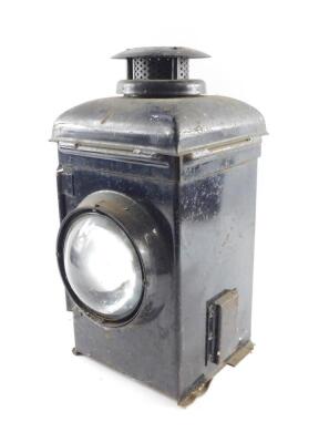 An Adlike black painted railway lamp, 38cm H.