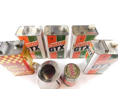 Four Castrol GTX 5 litre oil tins, Carburol Super 5 litre tin, BP Super Visco-Static Motor Oil tin, and a half gallon chrome oil jug. (7) - 2