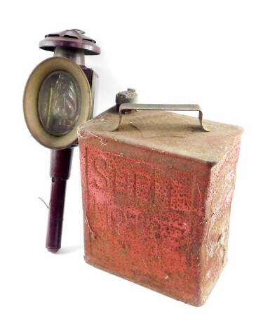 A Raydeyot maroon painted carriage lamp, converted to electricity, together with a shell oil can. (2)