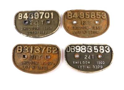 Four Shildon cast iron railway wagon plates, comprising DB983583 24T Shildon 1960 Lot No 3329, B313762 21T Shildon 1962 Lot No 3438, B495853 13T Shildon 1955 Lot No 2704, and B439701 24T Shildon 1958 Lot No 3189.