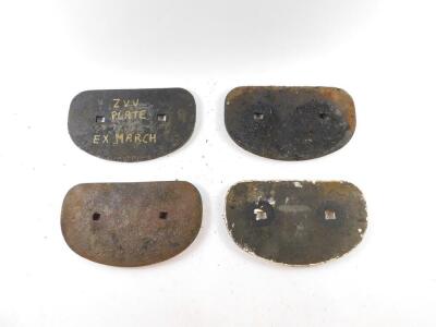 Four Shildon cast iron railway wagon plates, comprising B336953 24 1/2T Shildon 1962 Lot No 3437, B935462 22T Shildon 1960 Lot No 3223, B351845 32T Shildon 1966 Lot No 3528, and B602268 51T Shildon 1967 Lot No 3621. - 2