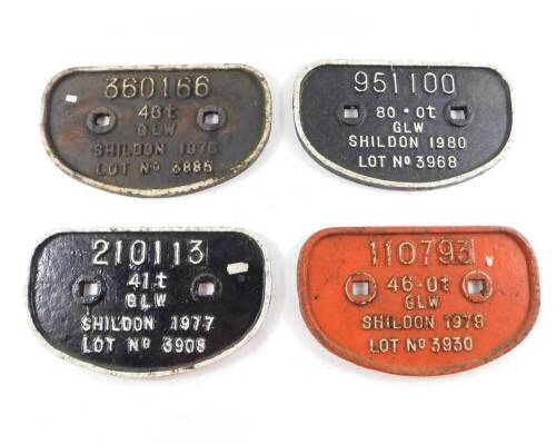 Four Shildon cast iron railway wagon plates, comprising 210113 41T GLW Shildon 1977 Lot No 3908, 11079346.0T GLW Shildon 1979 3930, 360166 46T GLW Shildon 1976 Lot No 3885, and 915100 80.0T GLW Shildon 1980 Lot No 3968.