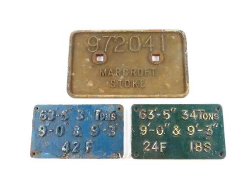 Three cast iron railway carriage plates, comprising 972041 Marcroft Stoke 63-5 3 Tons 63' - 5 " 33 tons 9'0 & 9'-3 " 42F,. and 63' - 5 " 34 tons 9'-0 " & 9' 3 " 24F 18S.