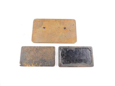 Three cast iron railway carriage plates, comprising 972041 Marcroft Stoke 63-5 3 Tons 63' - 5 " 33 tons 9'0 & 9'-3 " 42F,. and 63' - 5 " 34 tons 9'-0 " & 9' 3 " 24F 18S. - 2