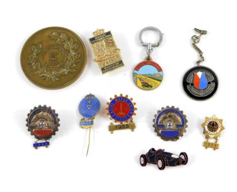 1950's motor racing badges awarded to Ken Richardson, competition manager Standard Triumph 1954-1961, including two 1954 Rally Des Alpes badges, 1955 Royal Automobile Club Rally Of Great Britain badge, 1955 24 Heures Du Mans badge, engraved Auberge Des II