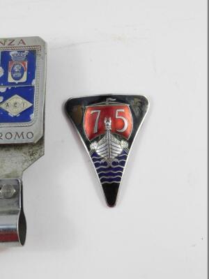 Two Monza Autodromo car badges, XVII Grand Criterium Des Alpes - Etape Des Dolomites 1954 badge, Rover car badge, and a lapel badge. (5) - 3