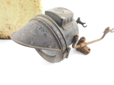 A Christopher Collins Ltd headlamp, a Lucas Ltd Aceta Major bicycle carbide lamp, No 314., and a yellow Shell Mex Ltd oil can. (3) - 2