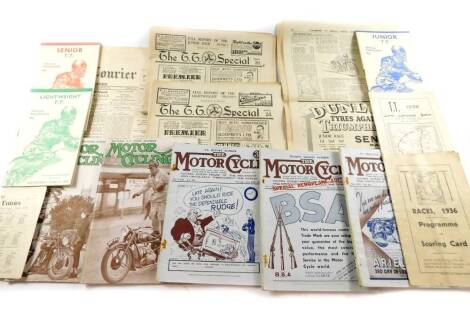 1936 Isle of Man TT programmes and ephemera, comprising Junior, Lightweight and Senior T.T. official programmes, Races 1936 Programme and Scoring Card, T.T. 1936 Map of Course, three The Motor Cycle magazines Vol. 56 numbers 1731,1732, and 1733, Motor Cyc
