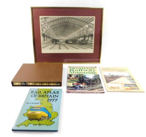 A framed print of Bristol Railway Station, The Steam Cameramen Book, Rail Atlas of Britain 1977, and two Railway Magazines. (5)