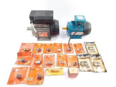 Lucas car parts, including rotor arm, contacts set, socket 82030, Silverline Interference and Pressure Kit, and two electric motors.