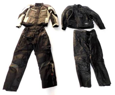 A gent's Nitro motorcycle jacket, L, and trousers, 2XL., a Targa leather motorcycle jacket, size 46, and a pair of leather trousers, size 36. (4)