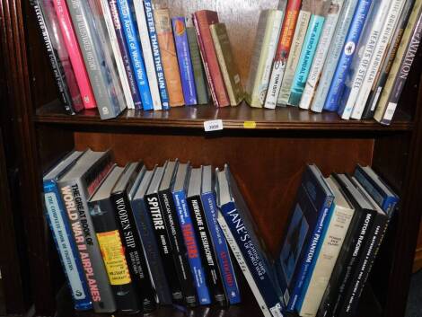 Books relating to aviation, WWII airplanes, fighting ships, etc. (2 shelves)