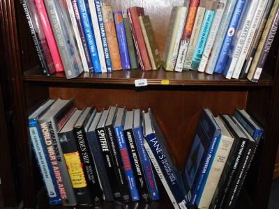 Books relating to aviation, WWII airplanes, fighting ships, etc. (2 shelves)