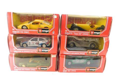 Six Burago die cast metal cars, 1:24 scale, comprising Bugatti Atlantic (1936), Bugatti "Type 55" (1932), Ford Escort RS Cosworth Rally (1994), BMW M3 (1993), Porsche 959 Turbo (1986), and a Ferrari F40 (1987), all boxed. (6)