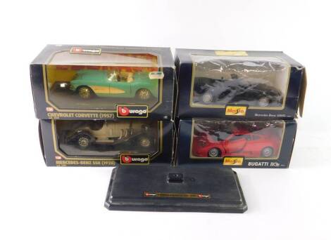 Burago and Maisto die cast model cars, comprising a Burago Mercedes-Benz SSK (1928) and a Cheverolet Corvette (1957), together with a Miasto Mercedes-Benz 500SL (1989) and a Bugatti EB110 (1992), all 1:24 scale and boxed. (4)