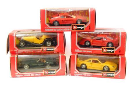 Five Burago die cast vehicles, 1:24 scale, comprising Bugatti Type '55' (1932)., two Ferrari F40 (1987)., Ferrari Testarossa (1984)., and a Ford AC Cobra 427 (1965).