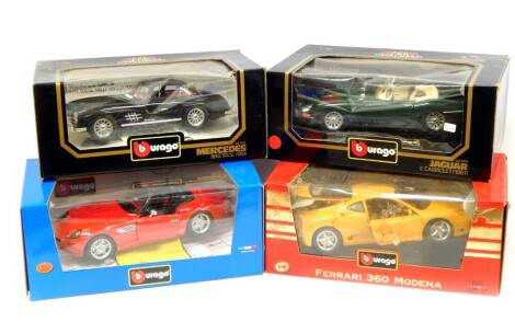 Four Burago die cast motor cars, scale 1:18, comprising Mercedes Benz 300SL (1954)., Jaguar E cabriolet (1961)., Ferrari 360 Modena (1999), and a BMW Z8 (4)