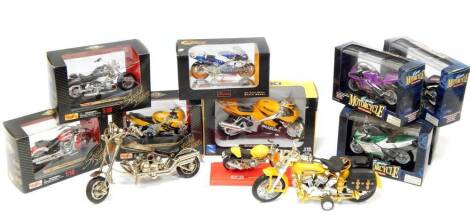 Die cast motorcycles, to include three Maisto Special Edition motorcycles, comprising Honda CBR600F., BMW R1200C., and Yamaha 2001 Roadstar, 1:18 scale, etc. (qty)