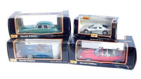 Three Maisto Special Edition die cast Jaguar cars, 1:18 scale, comprising Jaguar XKR., Jaguar XK180., Jaguar MkII., together with a Maisto die cast Mercedes CLK - GTR street version, 1:26 scale, all boxed. (4)