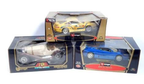 Three Burago die cast cars, 1:18 scale, comprising Special Collection Bugatti., EB 110 (1991)., Gold Collection Porsche GTIII Cup, and Mercedes Benz SSK (1928).