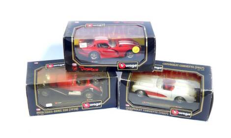 Three Burago die cast cars, 1:24 scale, comprising Dodge Viper GTS Coupe (1997)., Chevrolet Corvette (1957)., and a Mercedes Benz SSK1928.