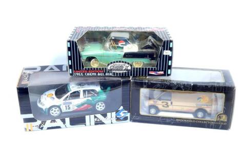 A Solido Racing Collection die cast Skoda rally car, 1:18 scale., Brookfield Collectors Guild die cast Dale Earnhadt Bass Pro Chevy van, limited edition of 5000, and a Gear Box Collectable die cast limited edition 1955 Chevy Belle Air. (3)