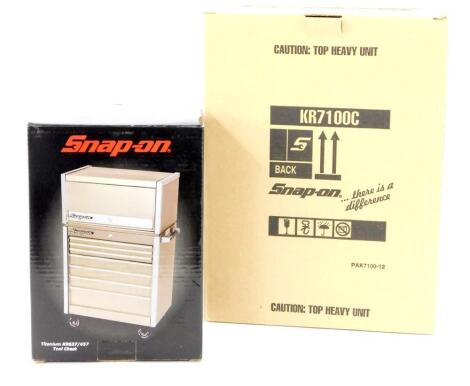 A Snap-On die cast miniature tool box, KR7100C, together with a Snap-On miniature titanium tool chest, KR637/657, both boxed. (2)