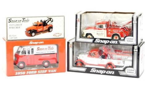 Three Snap-On die cast vehicles, comprising 40th Anniversary limited edition 1955 Chevy tow truck., 40th Anniversary limited edition 1935 Chevy tow truck, and a 1950 Ford Step van, together with 1953 Chevy wrecker, all 1:24 scale. (4)