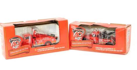 Two Snap-On 40th Anniversary limited edition die cast trucks, comprising 1953 Chevy tow truck, and 1934 Ford tow truck, both 1:24 scale, both boxed.