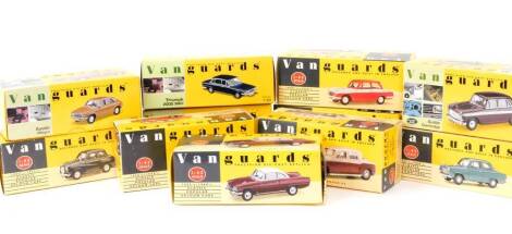 Vanguards die cast car models, 1:43 scale, to include Austin Cambridge, Ford Classic 109E, Triumph Herald, Vauxhall Victor, etc. (1 tray)