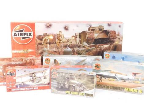 Airfix model kits, to include WWI Western Front battlefield diorama base, 1:76 scale., Consolidated PBY-5A Catalina kit, 1:72 scale., De Havilland Dragon Rapide, 1:72 scale., Hawker Siddeley Trident 1C, etc. (8)