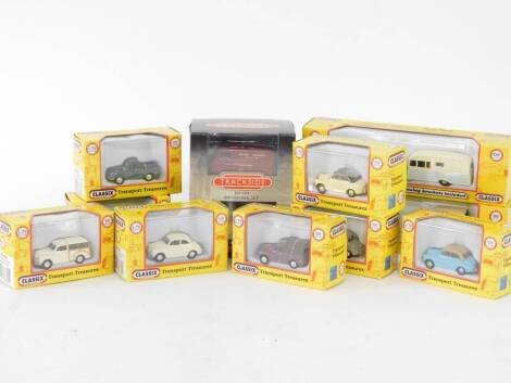 Pocketbond Classix Transport Treasures Morris Minor die cast vehicles, 1:76 scale, including Morris Minor Pick-Up, Morris Minor Traveller, Blue Bird Dauphine towed by Morris Minor four door, etc., and a Corgi Trackside four vehicle British Rail set BR1004