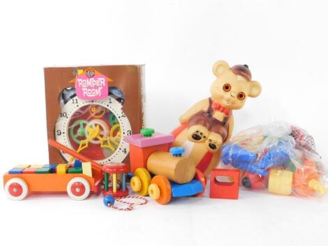 Toys to include Airfix Romper Room Tick Tock Clock, (boxed), wooden train, wooden lorry, Classic Musical Bear, etc. (qty)