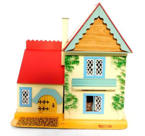 A GB Toys wooden dolls house, 45cm H, 45cm W, with furniture, in original box.