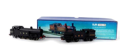 A kit built OO guage LMS tank locomotive, black livery, 4-4-0, 15165, and a further LMS locomotive, 0-8-2, 7877, with associated boxes. (2)