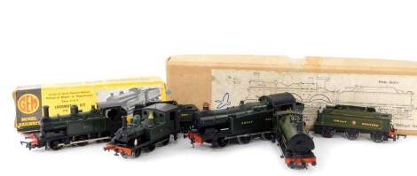 A kit built OO gauge 5600 Class locomotive, Great Western green livery, 0-6-2T, 5622, two further Great Western locomotive, green livery, 0-6-0, 2007, and 2-4-0, 1196, a further locomotive, green livery, 0-6-0, 801, together with two Great Western tenders