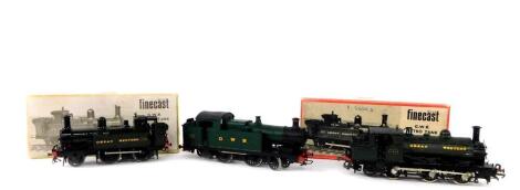 Three kit built OO gauge locomotives, Great Western green livery, comprising Rhymney Railway tank locomotive, 0-6-2, 101., 2-4-0, 989., and 2-4-2, 3627., with associated boxes.