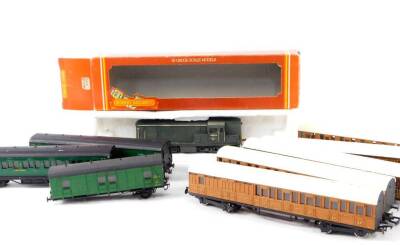 A kit built OO gauge diesel locomotive, British Rail green livery, D8206, together with five articulated kit built LNER coaches, painted in teak, comprising First Class, two Third Class, and two Third/Luggage cars, two Exley Southern Railway First Class c