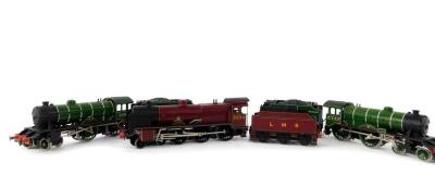 A kit built OO gauge locomotive Blackpool, LMS red livery, 4-6-0, 5524., together with two Hornby OO gauge locomotives, LNER green livery, 4-4-0, comprising Fitzwilliam 359, and Huntingdonshire 2722., each with a tender. (3)